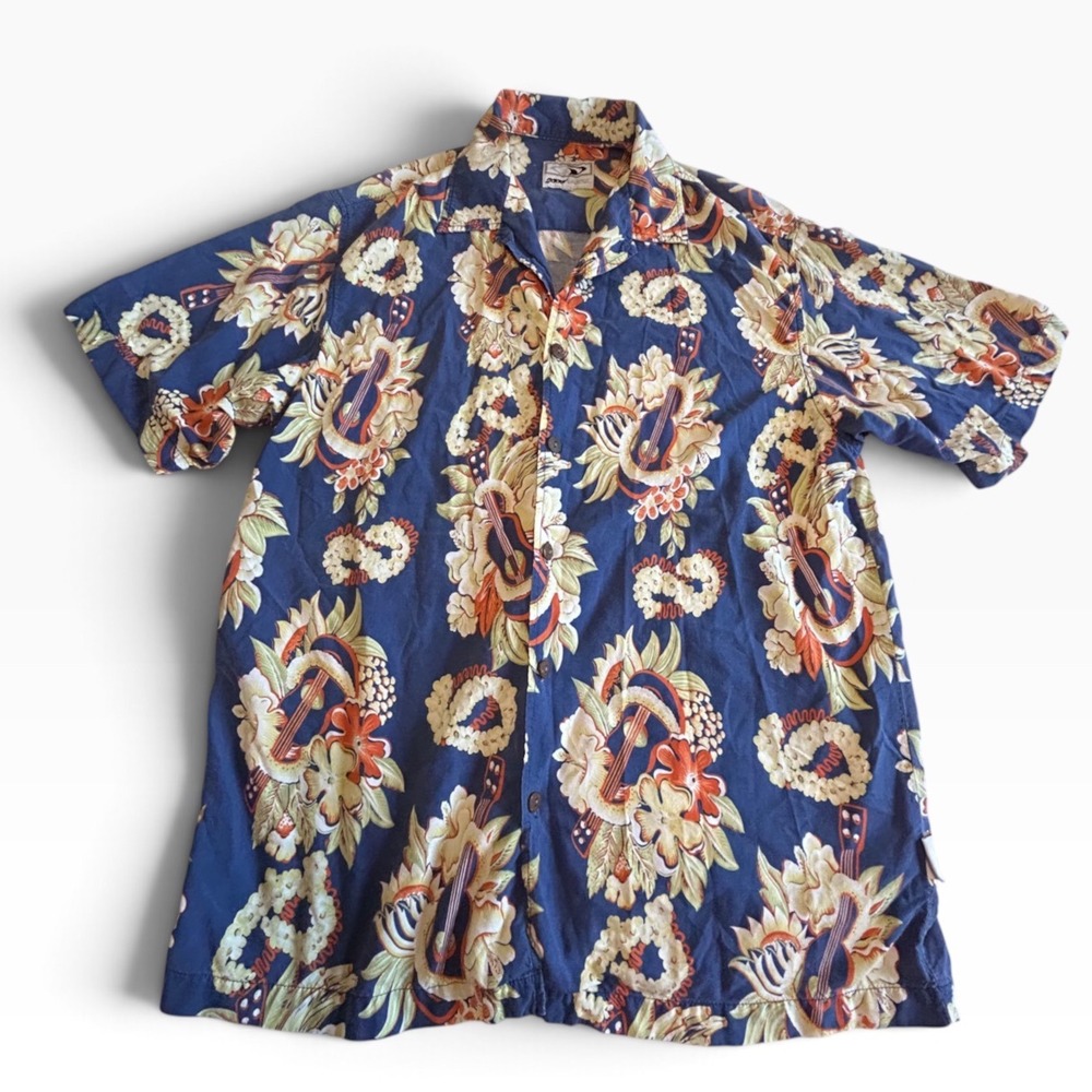 Good Vibes Mens Hawaiian Shirt Blue Ukulele Floral Lei Print Large Short Sleeve